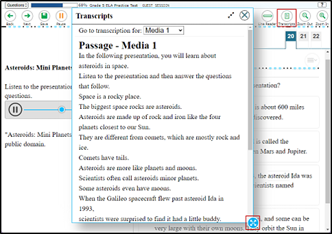 Training test question showing the pop-up box with an audio transcript and the border selection option indicated.