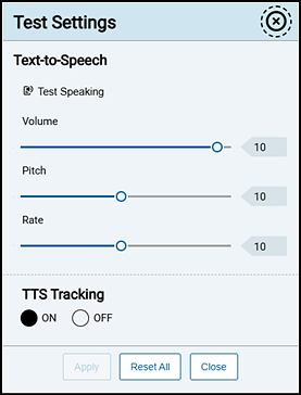 Test Settings menu showing text-to-speech volume, pitch, rate, and tracking settings.