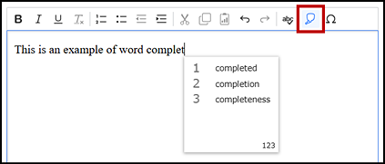 Sample response box with the drop-down list showing three suggestions for completing the letters c-o-m-p-l-e-t. The Word Prediction button is indicated.