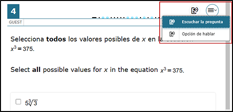 Sample test question, with the TTS icon displayed and the Opción de hablar option indicated.