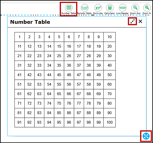 100s number table for science with the Number Table button, resizing arrows, and border selection option indicated.