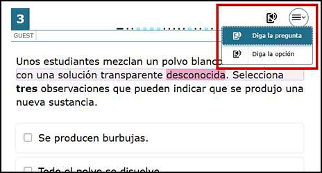 Sample test question, with the TTS icon displayed and the Diga la pregunta option indicated.