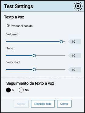 Test Settings menu showing text-to-speech volume, pitch, rate, and tracking settings.