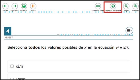 Sample mathematics question translated into Spanish visible. Buttons and menus are also shown in Spanish. The Cambiar de idioma button is indicated.