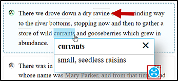 English Glossary, with 'currants' highlighted and defined as small, seedless raisins in a separate pop-up window and with the border selection option 'ravine' indicated.