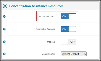 Concentration Assistance Tools test settings for a sample student within the Test Administrator Interface, with the Expandable Items resource toggle indicated.