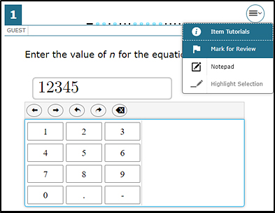 Sample test question with the Mark for Review option selected in the called out context menu. Other options include Tutorials, Notepad, and Highlight Selection.