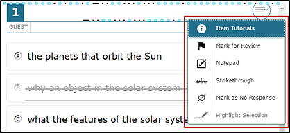 Strikethrough tool selected in the context menu, which is called out. One of the sample question answers is crossed out using the Strikethrough tool.