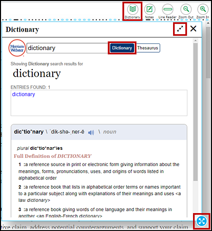 English Dictionary (Writing), with the Dictionary buttons and the expand and border selection options indicated. The Notes, Line Reader, Zoom Out, and Zoom In buttons are also visible.