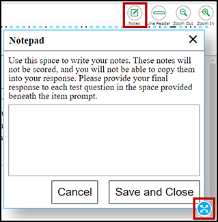 Global notes tool, with the Notes button and the border selection option indicated; within the Notepad box, there is a space for taking notes and Cancel and Save and Close buttons.