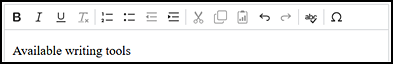 Writing toolbar, with buttons for Bold, Italics, Underline, Superscript, Numbered List, Bulleted List, Left Indentation, Right Indentation, Cut, Copy, Paste, Undo, Redo, Spell Check, and Symbols.