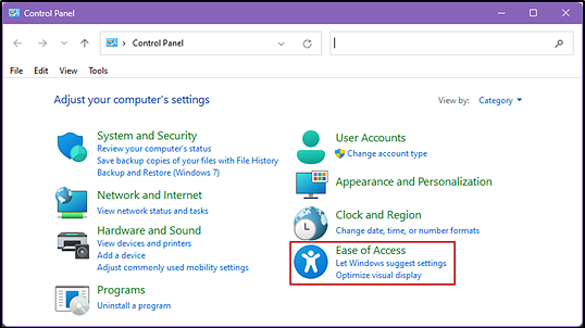 Windows Control Panel, with Ease of Access indicated.