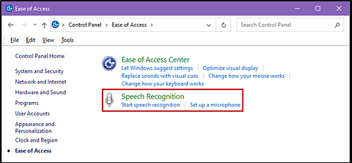 Windows Control Panel, with the Speech Recognition link indicated.