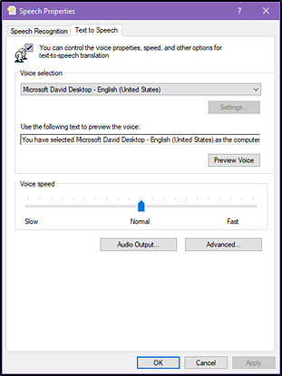 The default text-to-speech preferences in Windows.