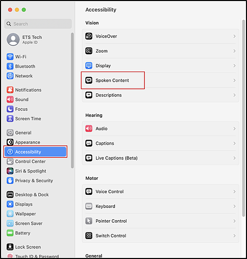 Accessibility section of System Settings interface with Accessibility option and Spoken Content indicated.