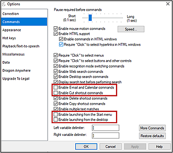 Dragon Options window open to the Commands tab with the settings mentioned in step 2 unchecked and indicated.