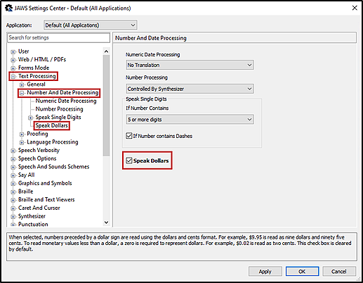 Number and date processing window displaying the Speak Dollars checkbox indicated.