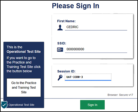 Student Please Sign In screen with fields for First Name, SSID, and Session ID.