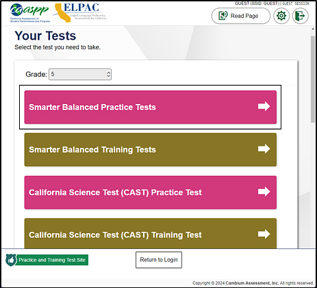 Your Tests screen with categories of tests such as the Smarter Balanced Practice Tests and the California Science Test Practice Test. The Smarter Balanced Practice Tests button is indicated.