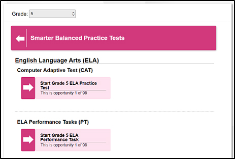 Lists of tests on the Your Tests screen with grade toggle and the list of grade five practice tests for Smarter Balanced assessments.