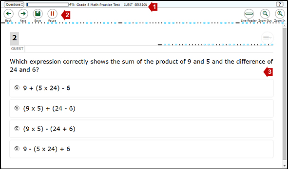 Practice test item with callout 1 that shows the banner region, callout 2 that shows the navigation and test tools region, and callout 3 that shows the test content region.