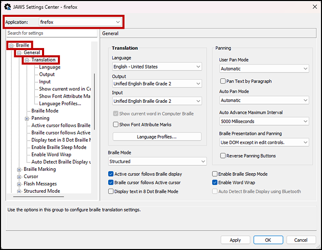 JAWS Settings center window with the Translation settings displayed along with the Apply and OK buttons.