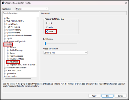 JAWS Settings center window with the advanced braille settings displayed along with the Apply and OK buttons.