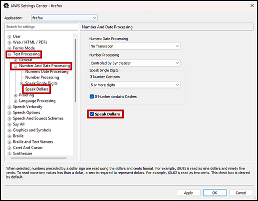 Number and date processing window displaying the Speak Dollars checkbox indicated.