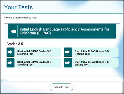Sample Your Tests screen showing the Listening, Speaking, Reading, and Writing domain assessments for the Initial ELPAC.