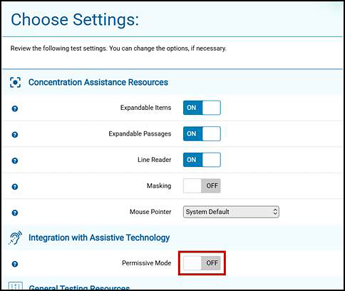 Practice test page excerpt showing an element in focus, with the Permissive Mode toggle called out.