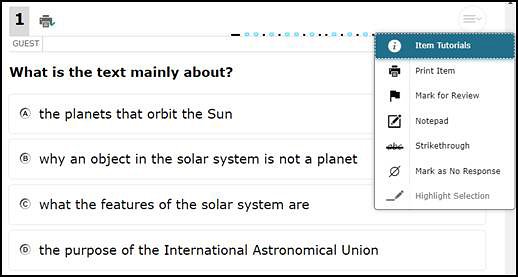 Sample context menu for a question with the first item, Item Tutorials, highlighted.