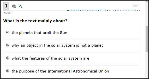 Sample test question with four radio buttons displayed.