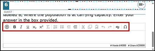 Response area with the formatting toolbar with buttons for accessibility help, bold, italics, underline, subscript, numbered and bulleted lists, left and right indentation, cut, copy, paste, undo, redo, spell check, and symbols.