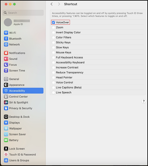 Accessibility section of System Settings interface with the VoiceOver checkbox in the Shortcut panel indicated.