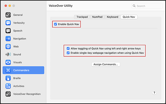 VoiceOver Utility Quick Nav tab indicating where all checkboxes are marked.