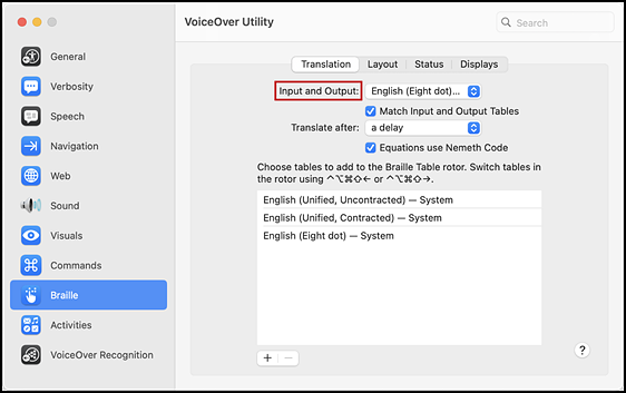 VoiceOver Utility Translation tab showing the Output and Input fields indicated.