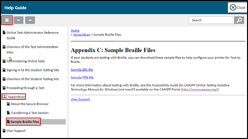 Help Guide screen in the Test Administrator Interface, with the Appendices and Sample Braille Files indicated.