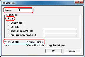 File: Emboss... window, with the following callouts: * Copies: 1 * All radio button under the Page range header * Brailler Device: Viewplus Premier