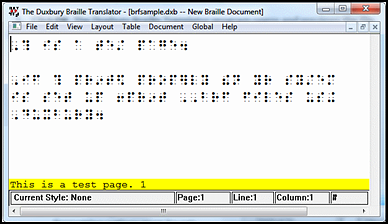 Duxbury Braille Translator window displaying a preview of the braille content.