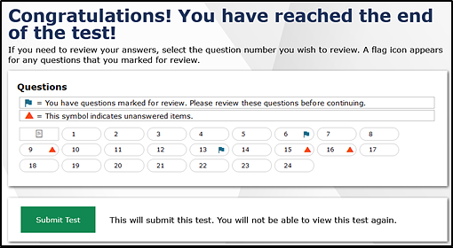 Sample Review screen with items flagged as mark for review and unanswered.