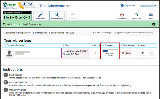 Test Administrator Interface layout with students in session with the Progress column indicated.