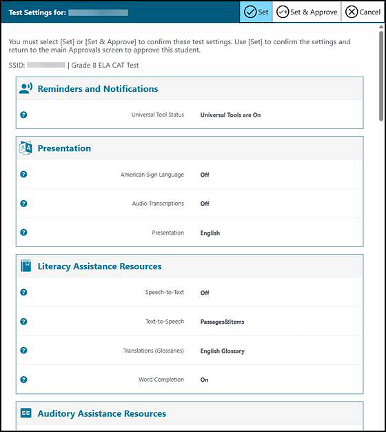 Test Settings screen for a selected student that shows sections for Reminders and Notifications, Visual Assistance Resources, and Literary Assistance Resources.