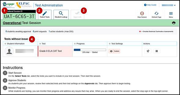 Test Administrator Interface layout with callouts indicating the Session ID, Select Tests tab, Approvals tab, and the Tests without Issue table.