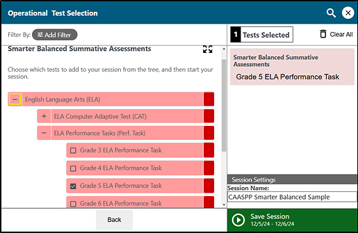 Operational Test Selection screen with the list of available items expanded and Session Settings section that includes the session name and Save Session button indicated.