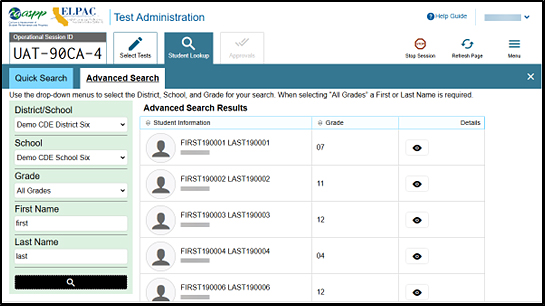 Student Lookup: Advanced Search tab with a list of sample results.