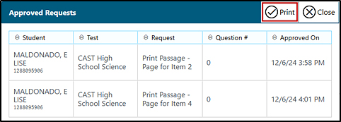 Approved Requests window with the Print button indicated.