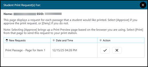 Student Print Request window with one item in the queue.