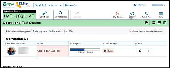 Operational Test Session screen with "Student Information," "Test," "Opp #," "Progress," "Test Settings," and "Actions" columns.