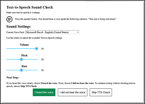 Text-to-Speech Sound Check section of the Audio/Video Checks page.