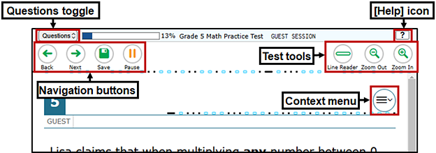 Sample test page with the questions toggle, Help and System Settings icons, navigation buttons, test tools, and Context menu indicated.